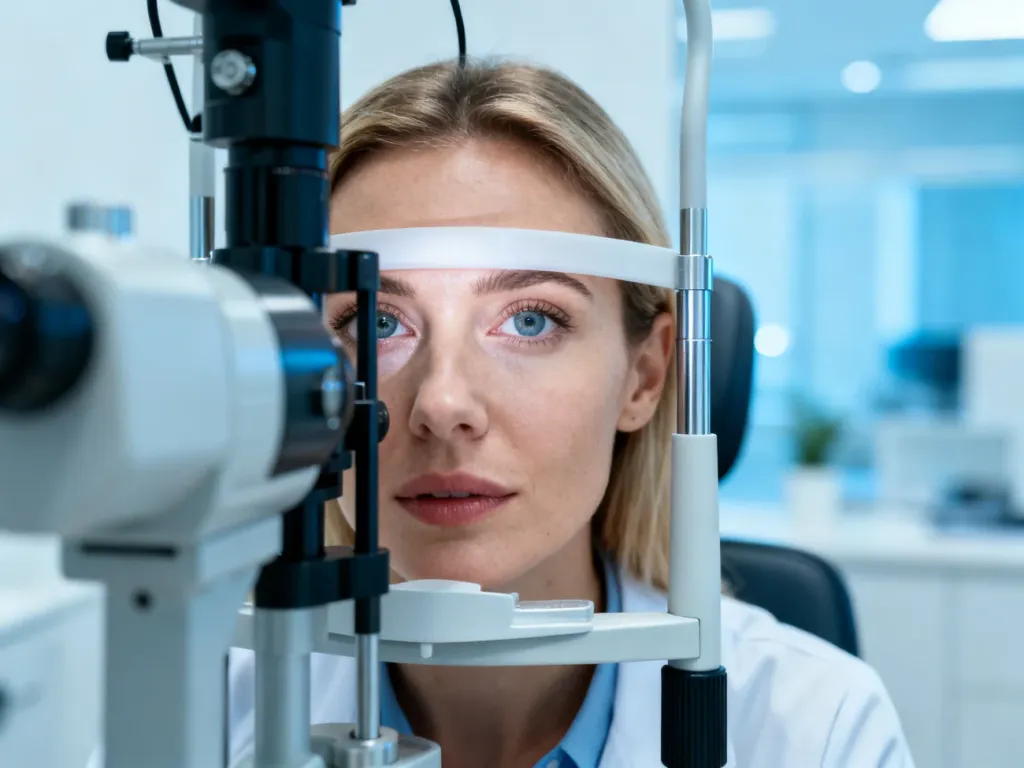 Okulista wykonuje badanie dna oka przy użyciu lampy szczelinowej w nowoczesnym gabinecie lekarskim.