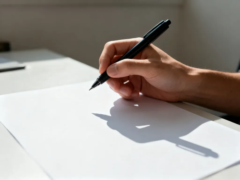 Dłoń trzymająca długopis nad kartką papieru, na której widoczny jest wyraźny podwójny cień rzucany przez oświetlenie.