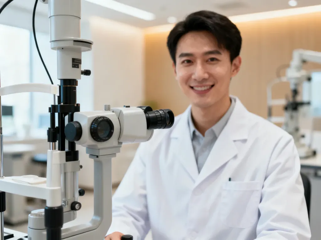 Optometrysta w nowoczesnym gabinecie okulistycznym przygotowuje lampę szczelinową do badania dna oka.