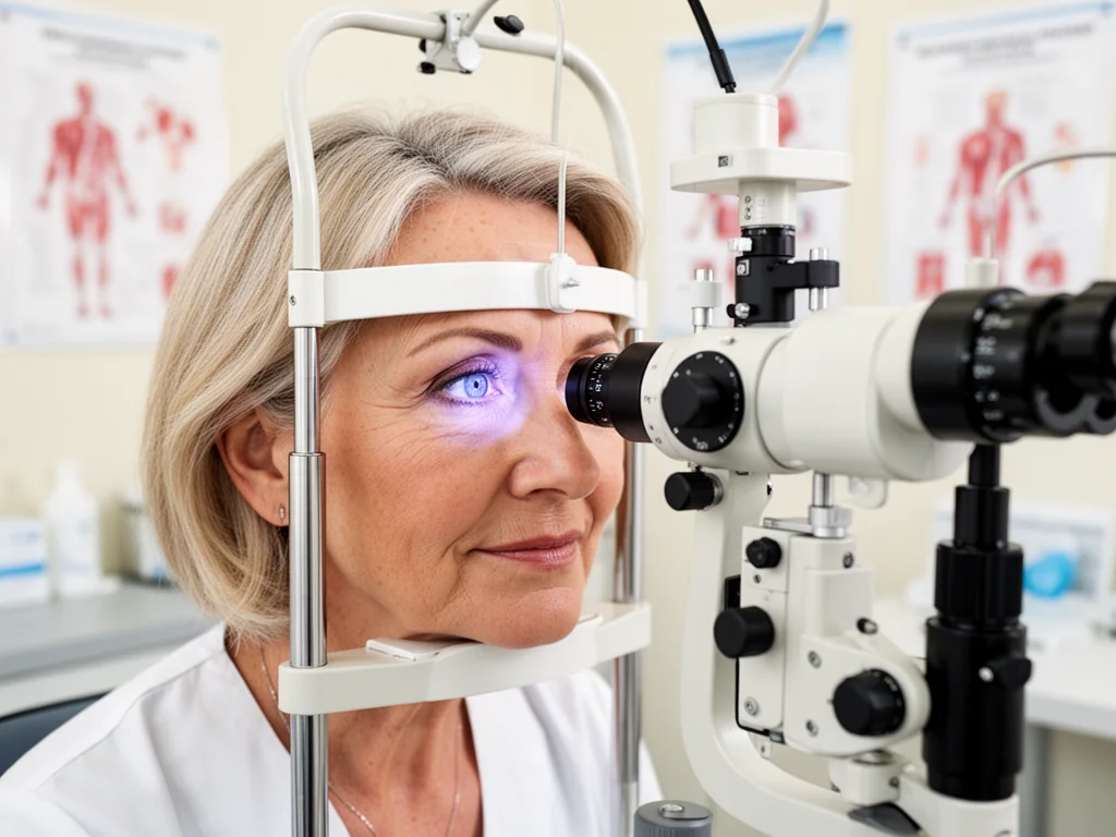 Kobieta po 50. roku życia podczas badania wzroku lampą szczelinową, ilustrująca diagnostykę jaskry w grupie ryzyka.