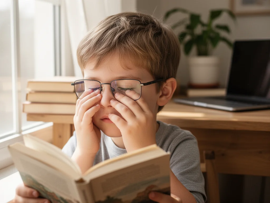 Dziecko w okularach czyta przy oknie i pociera zmęczone oczy, ilustrując narastający problem krótkowzroczności u dzieci.