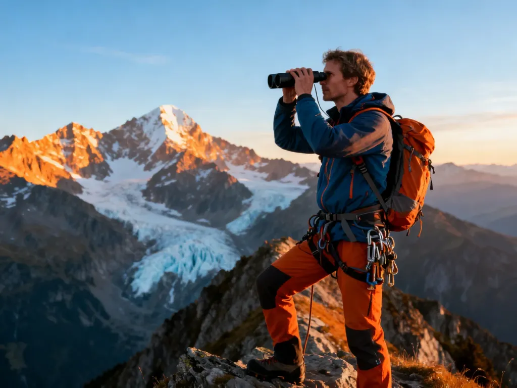 Alpinista w profesjonalnym sprzęcie obserwuje przez lornetkę ośnieżone szczyty górskie w świetle zachodzącego słońca.