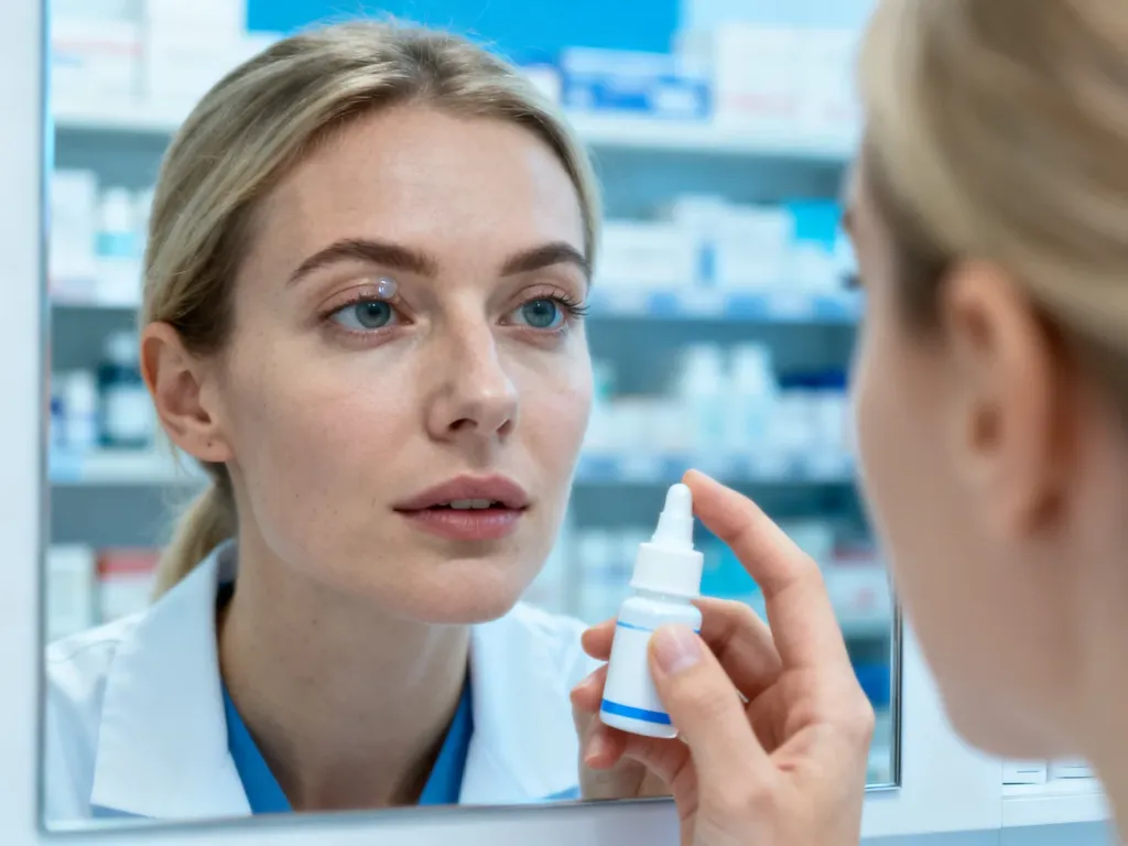 Kobieta używająca kropli nawilżających do oczu przed lustrem w klinicznym otoczeniu.