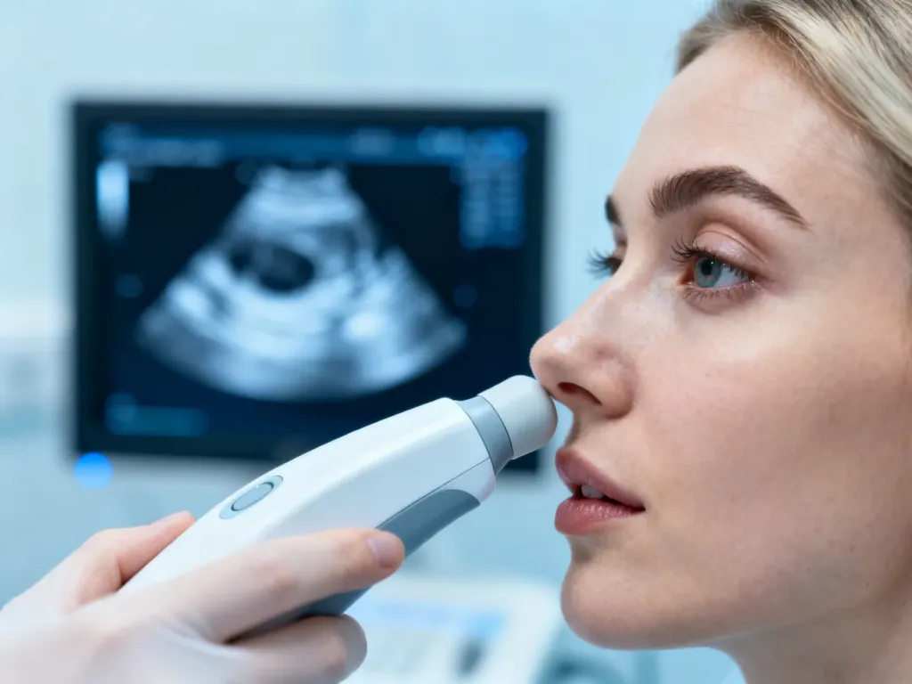 Lekarz wykonuje badanie USG oka przy użyciu sondy przykładanej do powieki pacjentki, z widocznym obrazem diagnostycznym w tle.