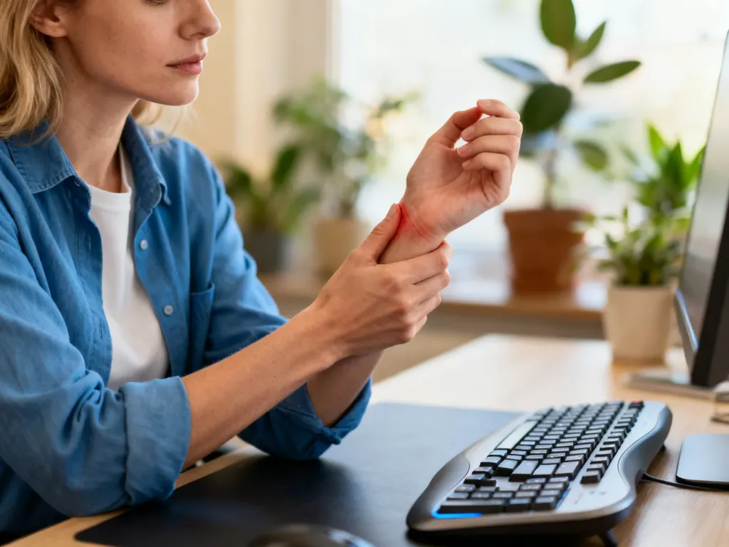 Kobieta trzymająca się za bolący nadgarstek przy ergonomicznym stanowisku pracy w domowym biurze.