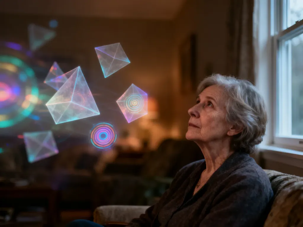 Starsza kobieta w przytulnym salonie obserwuje przezroczyste, geometryczne kształty symbolizujące omamy wzrokowe.