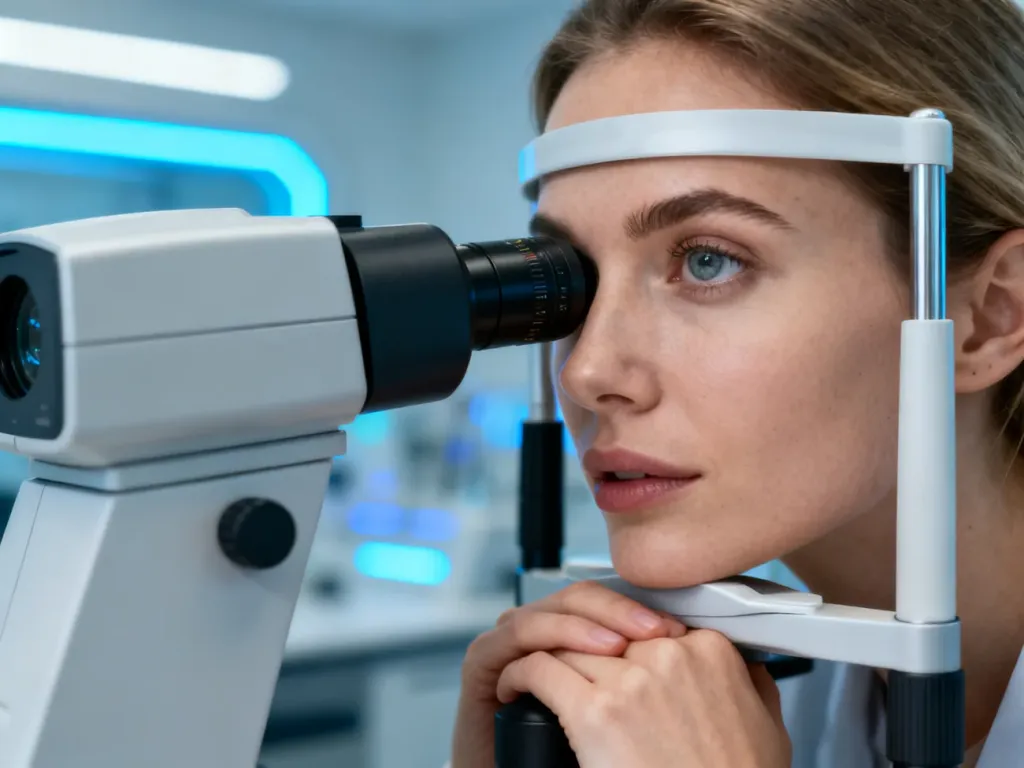 Pacjentka podczas badania okulistycznego przy użyciu nowoczesnego urządzenia diagnostycznego OCT w gabinecie lekarskim.