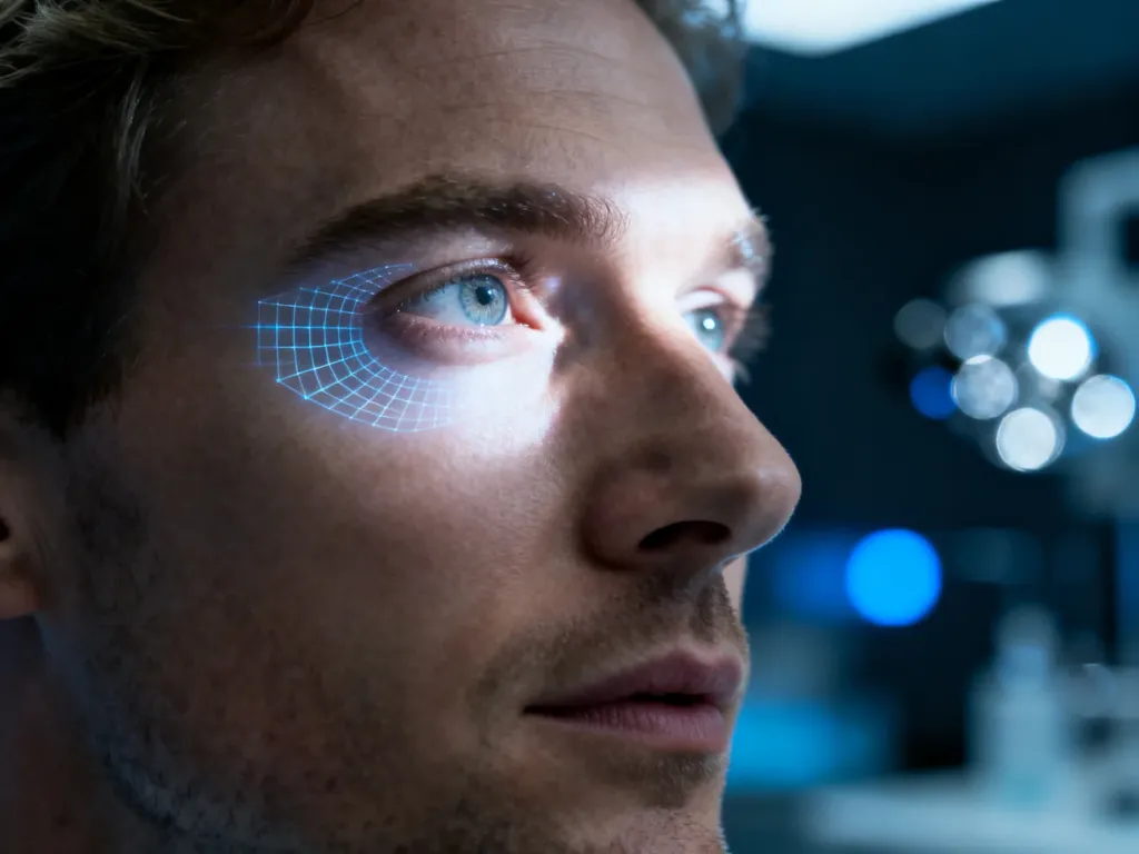 Mężczyzna z nałożoną cyfrową siatką na oku, symbolizującą zaawansowaną technologię implantu siatkówkowego w warunkach klinicznych.
