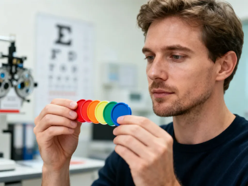 Mężczyzna wykonuje profesjonalny test widzenia barw Farnswortha, układając kolorowe krążki w gabinecie optometrycznym.
