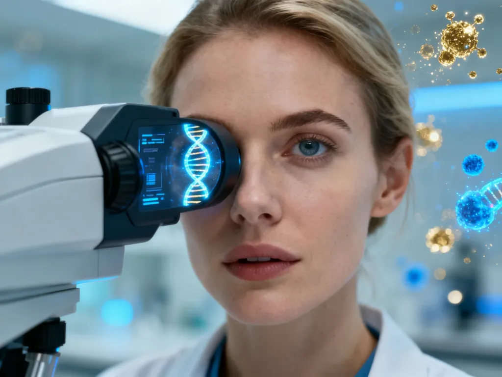 Kobieta poddawana zaawansowanemu badaniu okulistycznemu z widoczną w oczach projekcją helisy DNA, symbolizującą terapię genową.