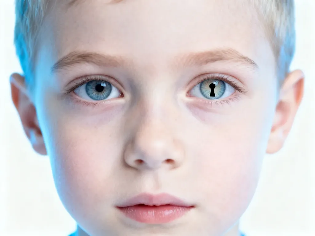 Portret dziecka z widoczną wadą wrodzoną tęczówki w kształcie dziurki od klucza, ilustrujący schorzenie coloboma.