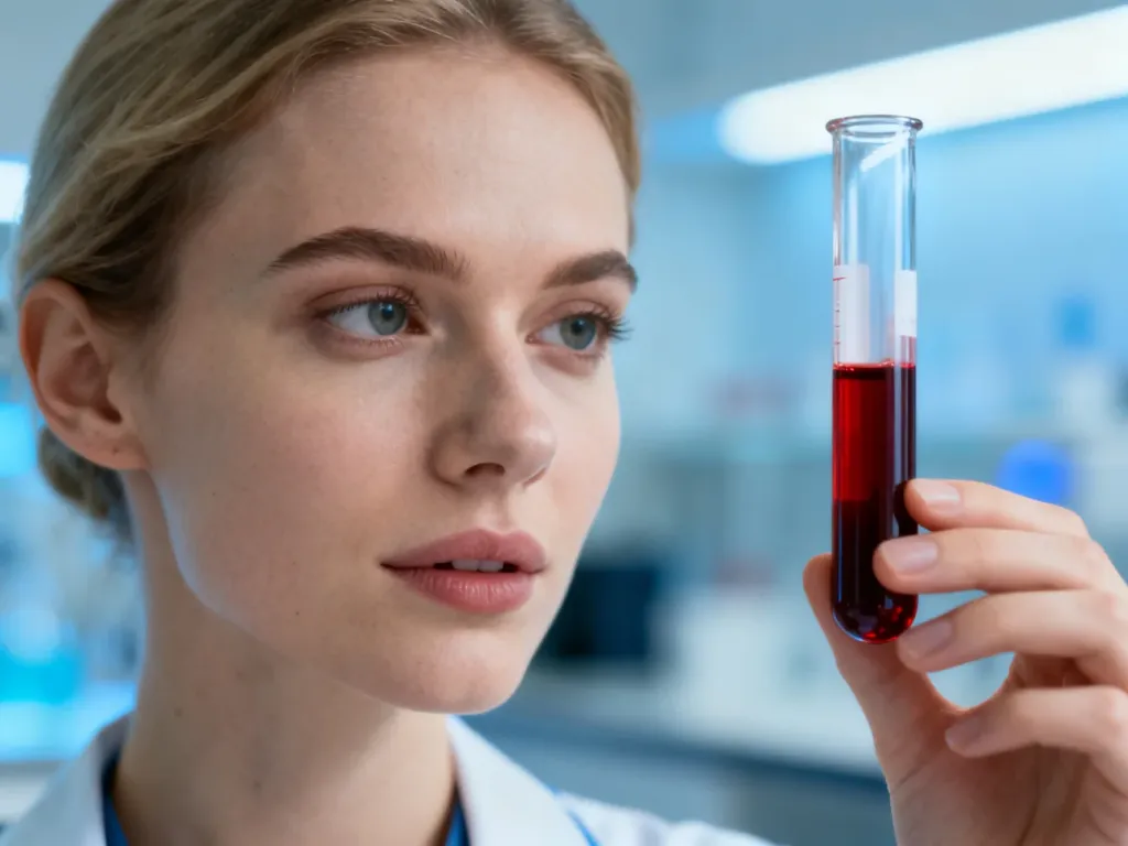 Kobieta trzymająca fiolkę z krwią w nowoczesnym laboratorium medycznym. Ilustracja nawiązująca do badań krwi.