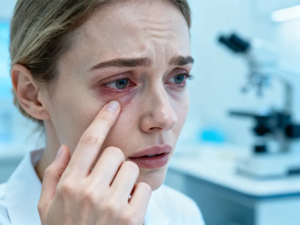 Kobieta z widocznym obrzękiem w wewnętrznym kąciku oka, wskazująca na miejsce objęte stanem zapalnym woreczka łzowego.
