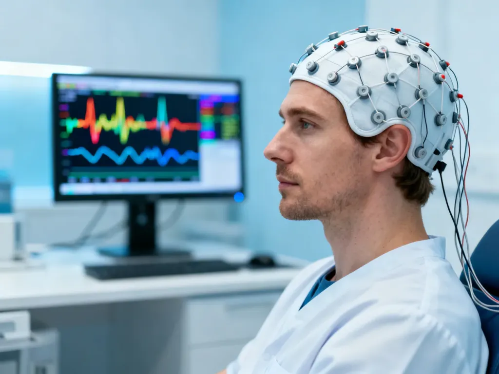 Pacjent w czepku EEG podczas badania potencjałów wzrokowych VEP, z widocznymi na monitorze wynikami analizy sygnału.