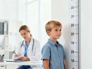 Pacjentka podczas badania okulistycznego przy użyciu lampy szczelinowej w gabinecie lekarskim.