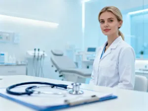 Mężczyzna zaniepokojony bólem głowy w gabinecie okulistycznym z rozmytą tablicą do badania wzroku w tle.