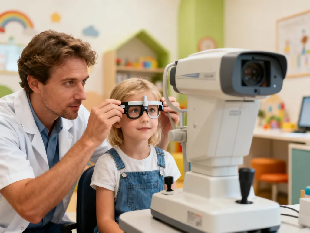 Optometrysta przeprowadza delikatne badanie wzroku małego dziecka w przyjaznym gabinecie okulistycznym.