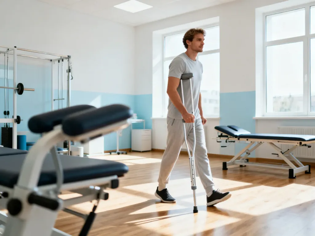 Mężczyzna w stroju sportowym pewnie porusza się o kuli w jasnej sali rehabilitacyjnej, wracając do sprawności po operacji.