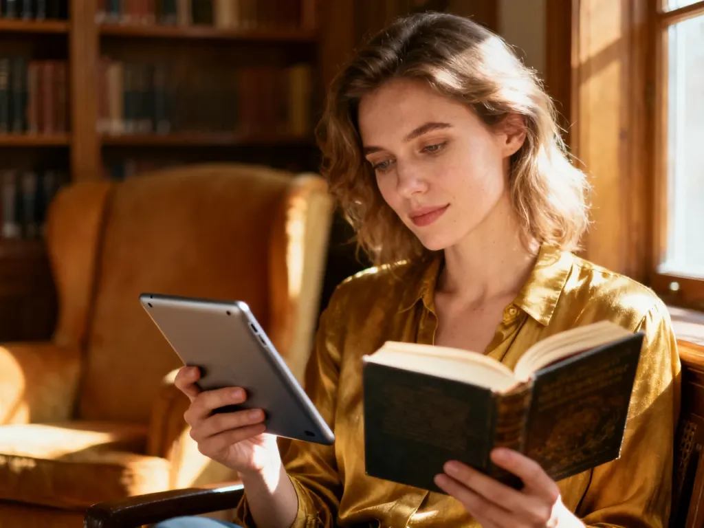 Kobieta w przytulnym kąciku czytelniczym porównuje czytnik e-booków z tradycyjną książką w oprawie.