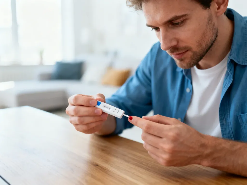 Mężczyzna wykonuje w domu test diagnostyczny z kropli krwi, sprawdzając poziom kwasu moczowego przy użyciu specjalistycznego urządzenia.