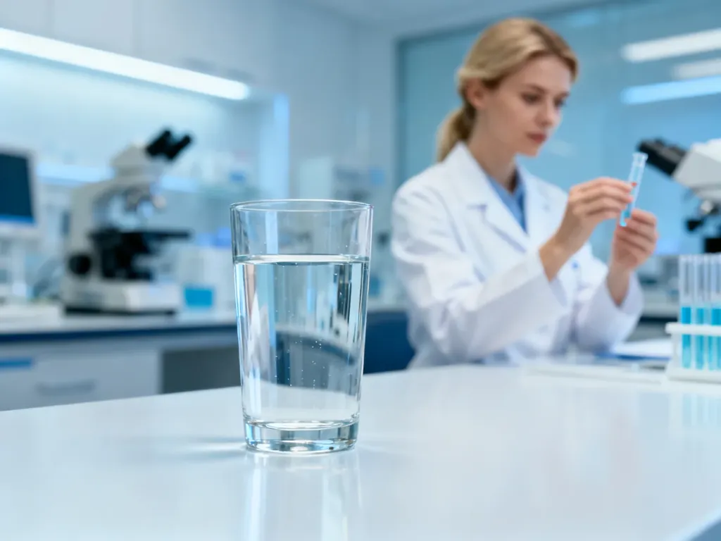 Szklanka czystej wody na medycznym stole w laboratorium, w tle pracownik służby zdrowia przygotowujący próbkę do badania.