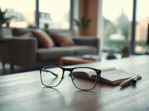 Stylowe okulary Steiner Vision spoczywające na drewnianym biurku w jasnym, profesjonalnym biurze.