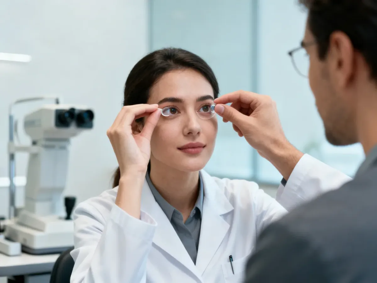 Optometrysta dopasowujący soczewki kontaktowe pacjentowi