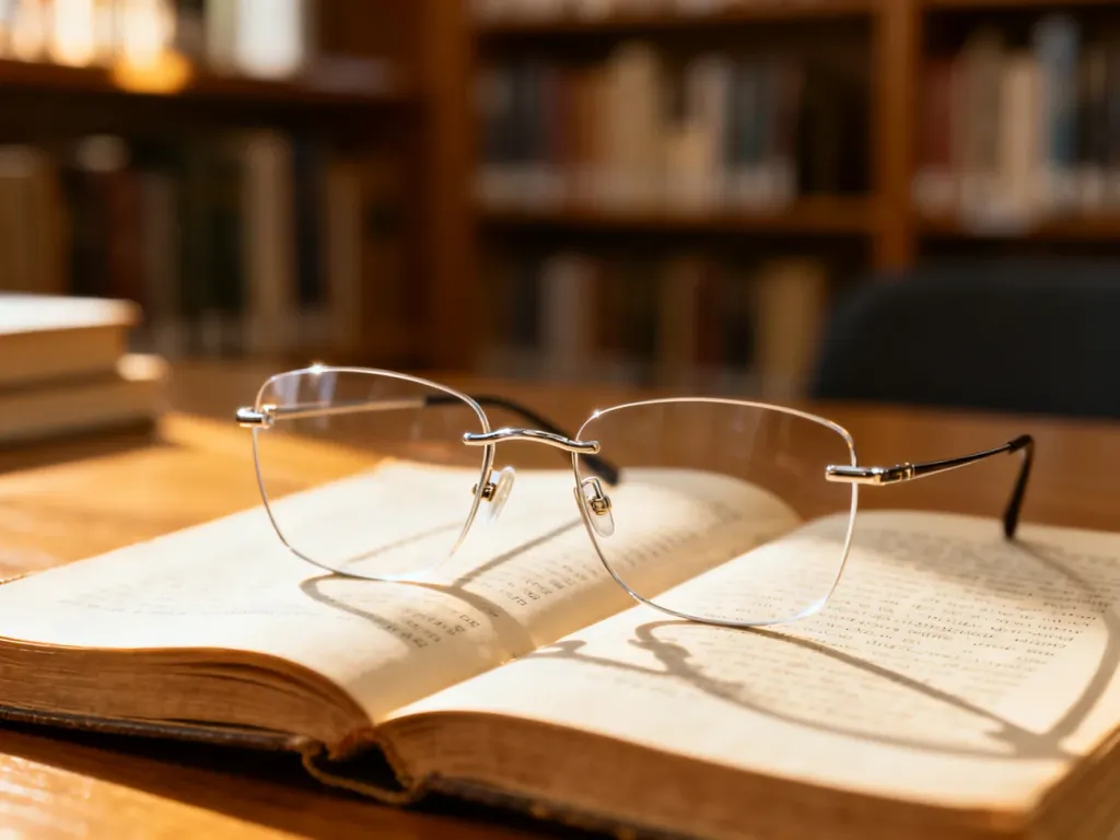 Nowoczesne okulary do czytania bez zauszników spoczywające na otwartej książce w przytulnym, bibliotecznym wnętrzu.