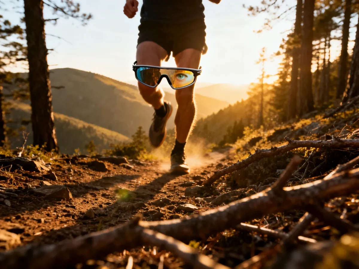 Biegacz trailowy w okularach ochronnych na leśskiej górskiej trasie