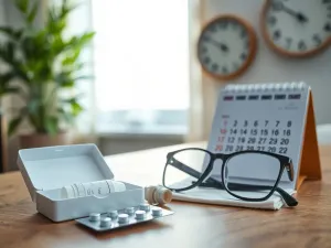 Minimalistyczne okulary bezramkowe z tytanowym mostkiem leżące na drewnianym biurku w nowoczesnym biurze.