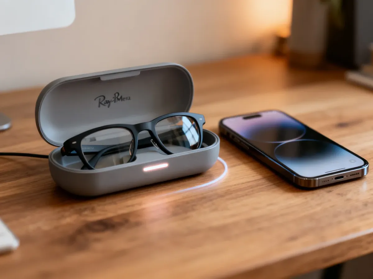 Okulary Ray-Ban Meta odłożone do etui ładującego obok smartfona