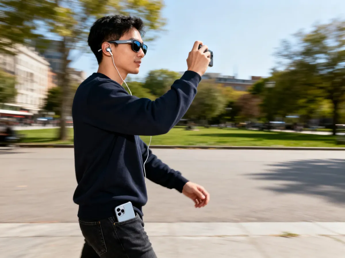 Osoba korzystająca z okularów Ray-Ban Meta podczas spaceru i nagrywania bez użycia rąk