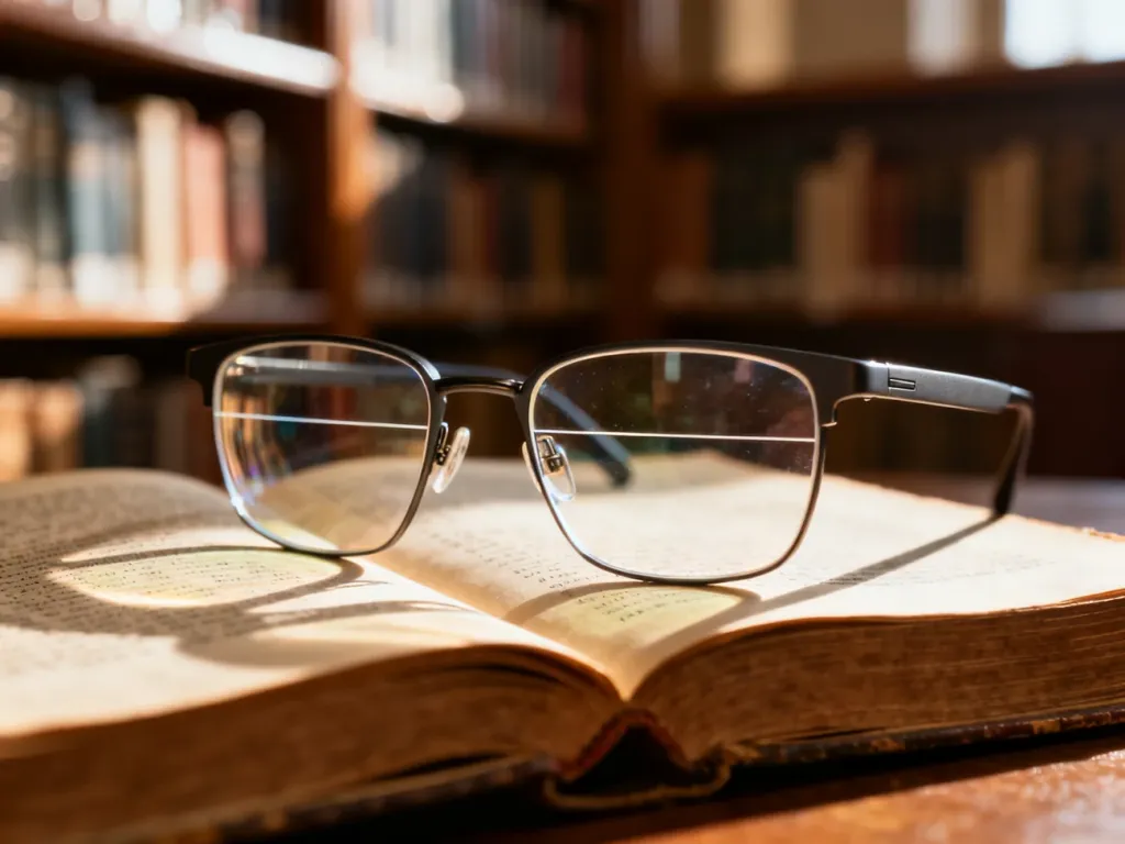 Nowoczesne okulary dwuogniskowe z wyraźną linią podziału soczewek, leżące na otwartej książce w przytulnym wnętrzu biblioteki.