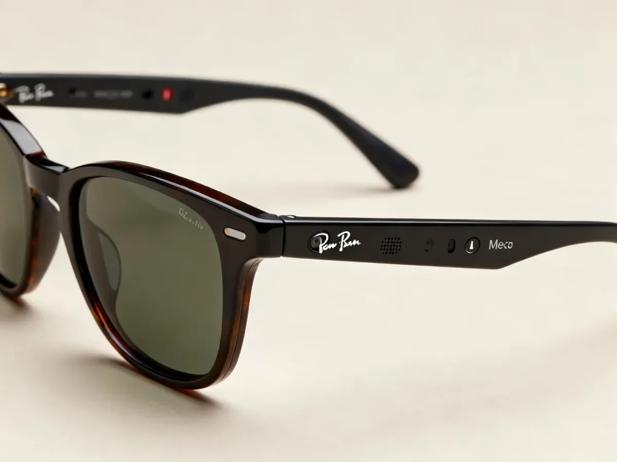 Zbliżenie inteligentnych okularów Ray-Ban Meta z dyskretną kamerą i elektroniką w oprawkach
