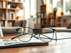 Stylowe okulary na drewnianym biurku obok notatnika i laptopa, podkreślające elegancję i komfort codziennego użytkowania.