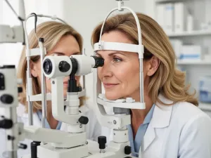 Stylowe okulary degresywne leżące na drewnianym biurku w minimalistycznym domowym biurze.