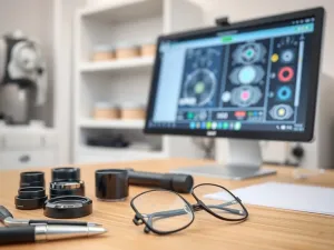 Profesjonalna oprawa próbna i soczewki okularowe na biurku w gabinecie optometrysty, przygotowane do badania wzroku.