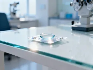 Okulary na drewnianym biurku z widoczną różnicą w przejrzystości soczewki dzięki powłoce antyrefleksyjnej.