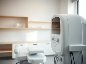 Młoda kobieta podczas badania wzroku w nowoczesnym gabinecie okulistycznym, przygotowanie do laserowej korekcji wady.