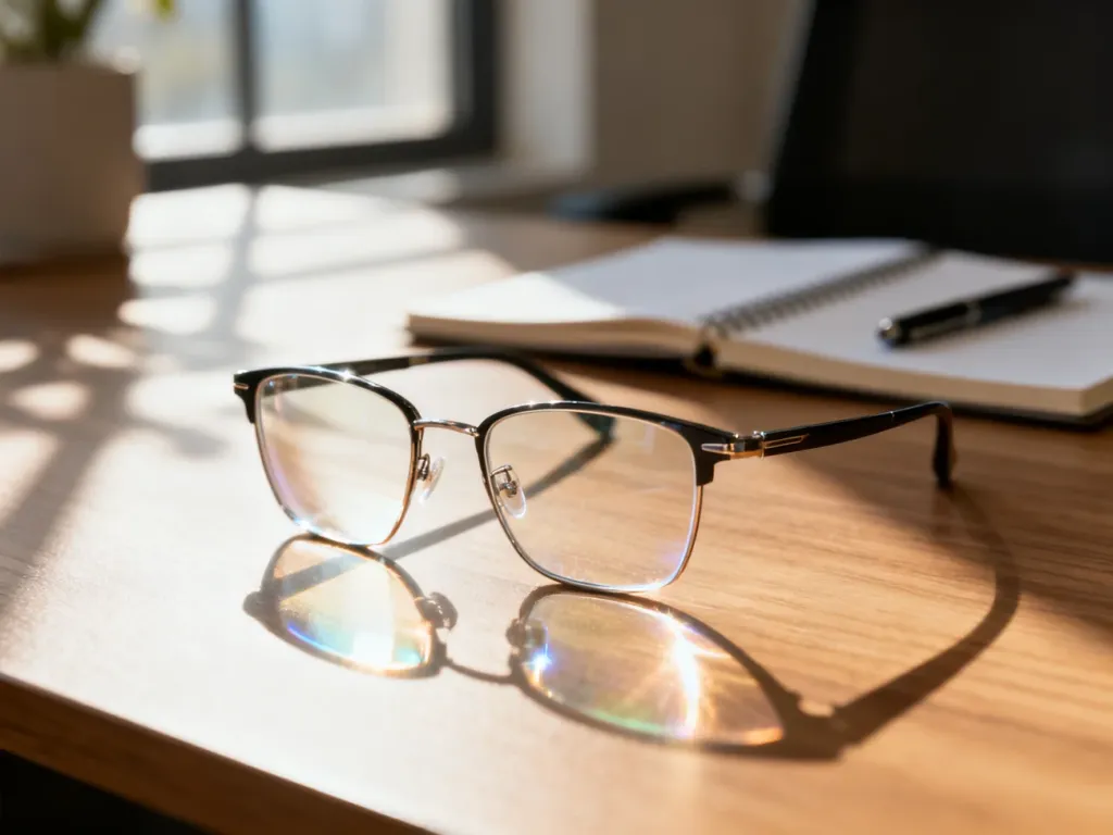 Stylowe okulary degresywne leżące na drewnianym biurku w minimalistycznym domowym biurze.