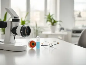 Stylowe okulary na drewnianym biurku w tle rozmytego salonu optycznego, podkreślające jakość i design oprawek.