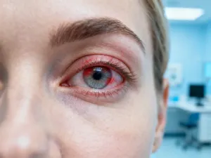 Portret dziecka z widoczną wadą wrodzoną tęczówki w kształcie dziurki od klucza, ilustrujący schorzenie coloboma.