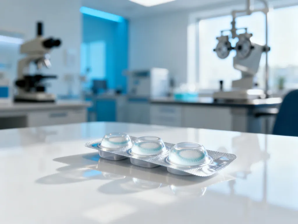 Sterylne opakowanie soczewek kontaktowych Bausch + Lomb na białym tle w gabinecie optometrycznym.