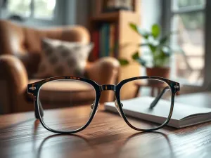 Młoda kobieta z krótkowzrocznością trzyma okulary i w skupieniu patrzy na tablicę okulistyczną w jasnym gabinecie.