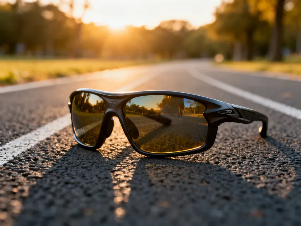 Profesjonalne okulary sportowe do biegania z polaryzacją umieszczone na bieżni lekkoatletycznej w blasku zachodzącego słońca.