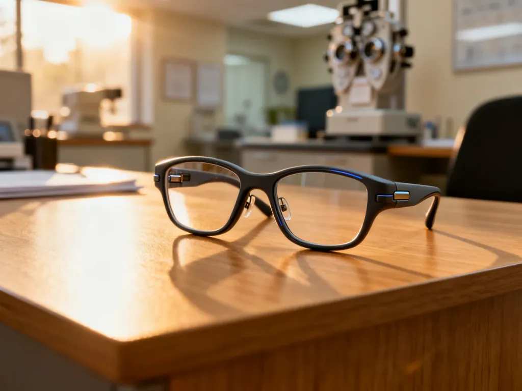 Nowoczesne okulary Flex Focus z elastycznymi oprawkami leżące na drewnianym biurku w gabinecie optycznym.