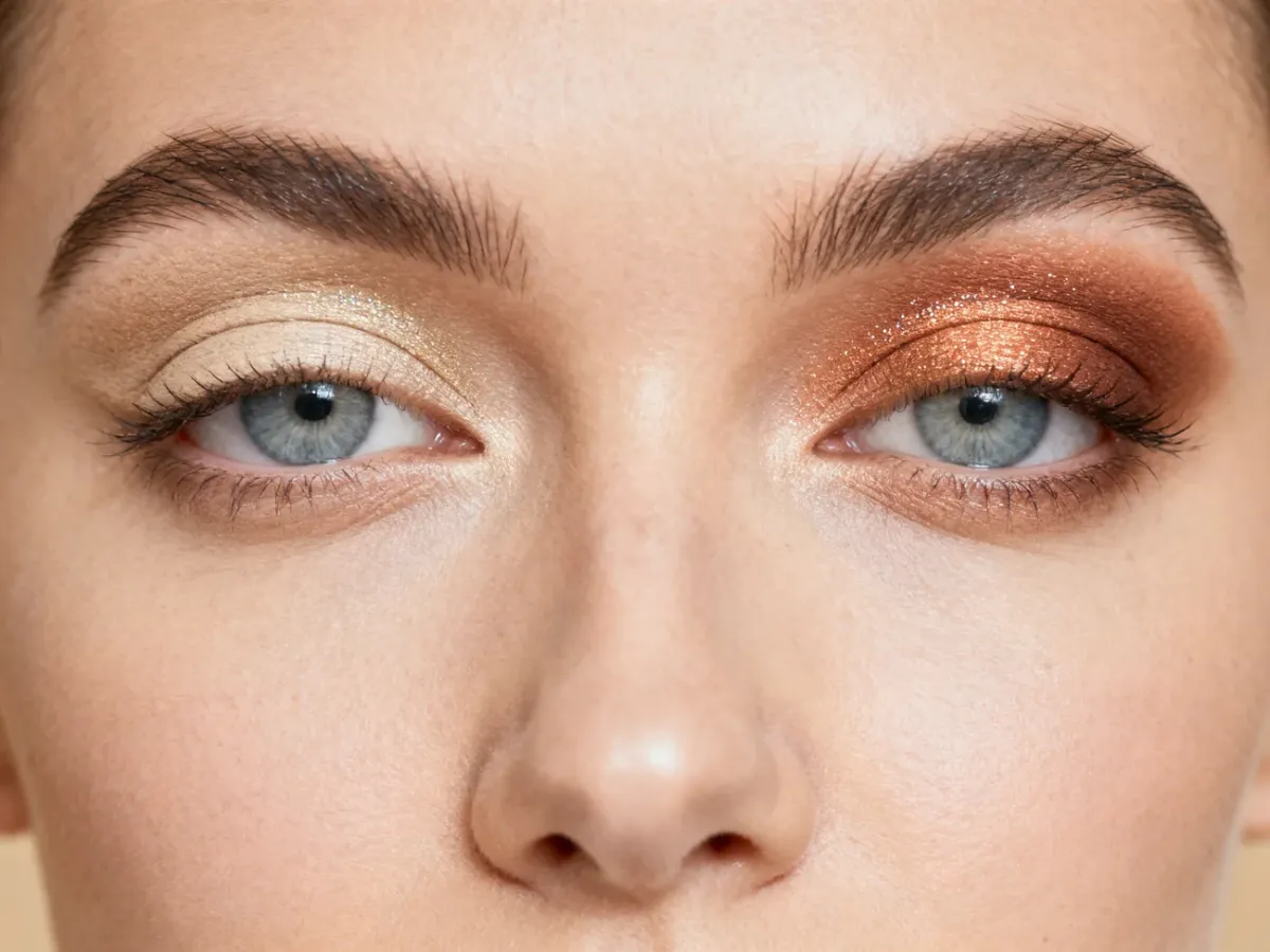 Szaroniebieskie oczy w delikatnym makijażu soft glam w ciepłych odcieniach