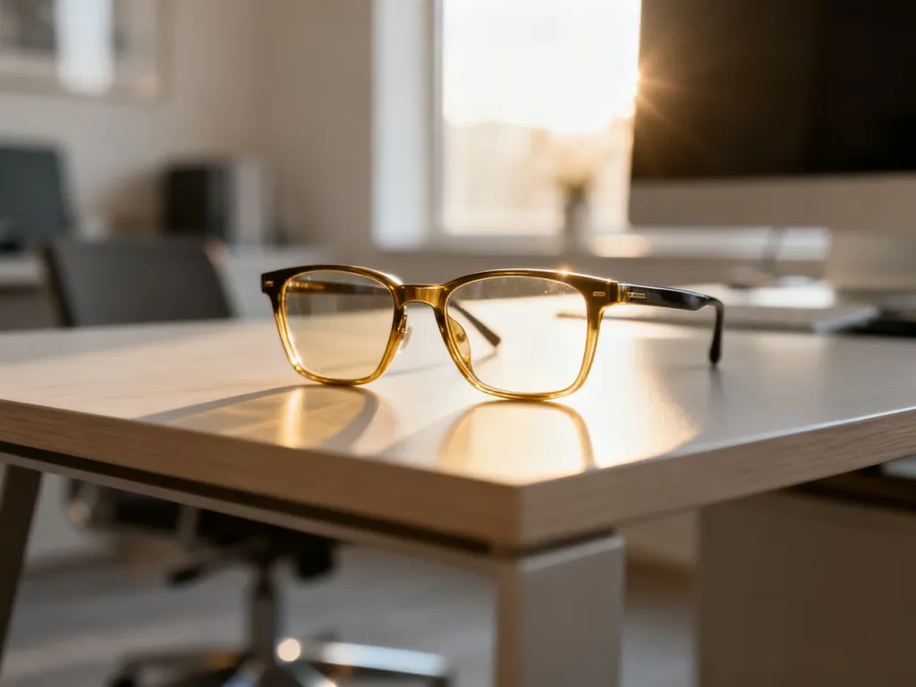 Nowoczesne okulary leżące na minimalistycznym biurku w jasnym, domowym biurze, podkreślające profesjonalny styl.