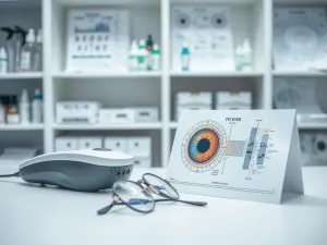 Nowoczesne okulary dwuogniskowe z wyraźną linią podziału soczewek, leżące na otwartej książce w przytulnym wnętrzu biblioteki.
