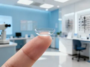 Nowoczesne okulary Flex Focus z elastycznymi oprawkami leżące na drewnianym biurku w gabinecie optycznym.